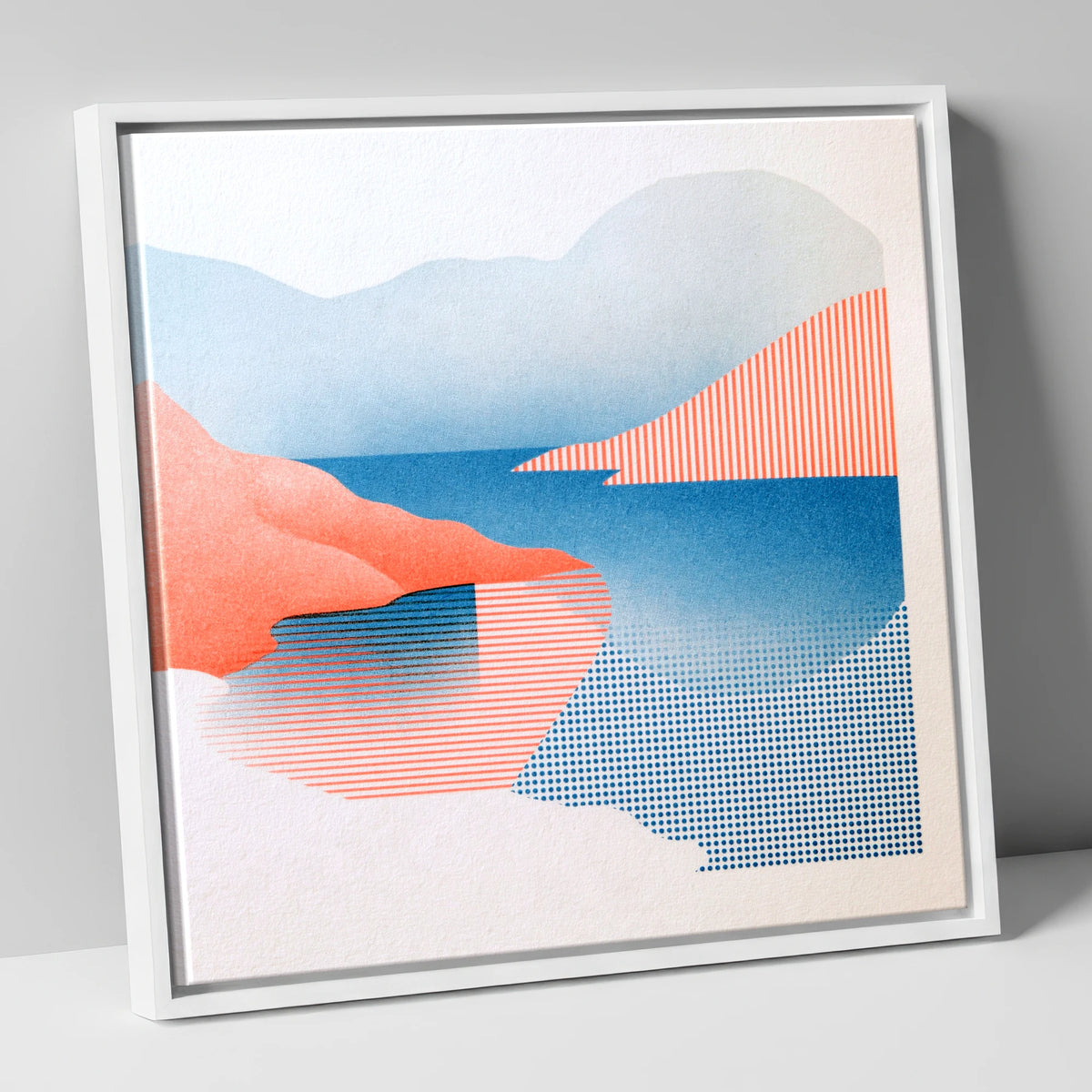 Buttermere Fells in Coral and Blue lake district lake canvas wall art in white frame