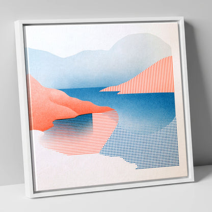 Buttermere Fells in Coral and Blue lake district lake canvas wall art in white frame