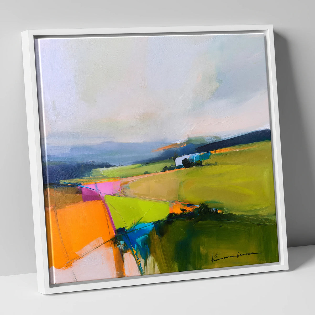 Vivid Patchwork Lakeland Dale lake district valley canvas wall art in white frame