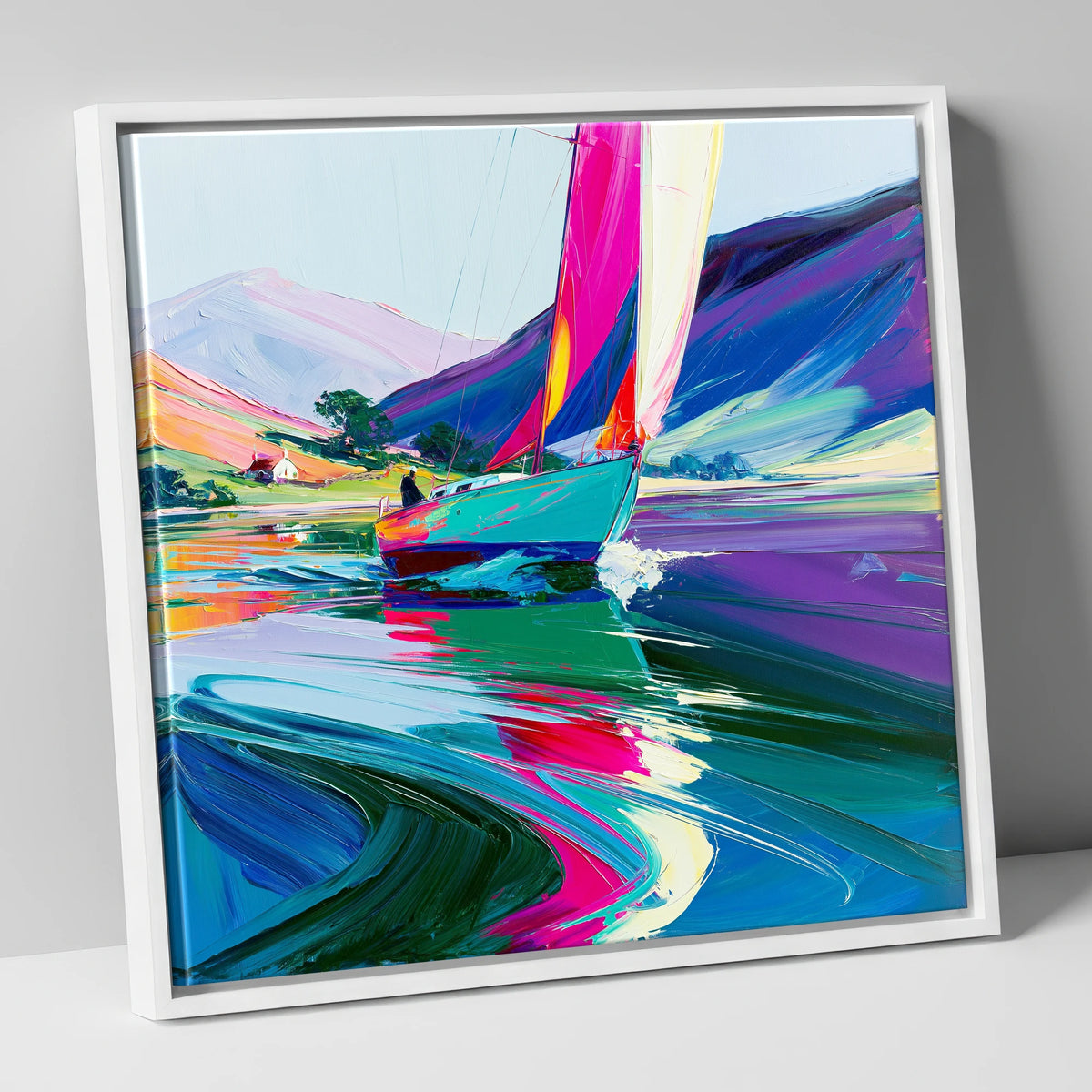 Bright Sails on a Breezy Lake lake district walking canvas wall art in white frame