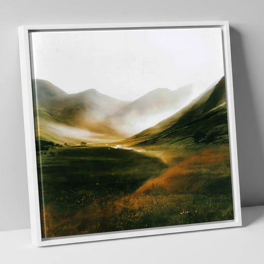 Golden Mist Through the Valley lake district valley canvas wall art in white frame