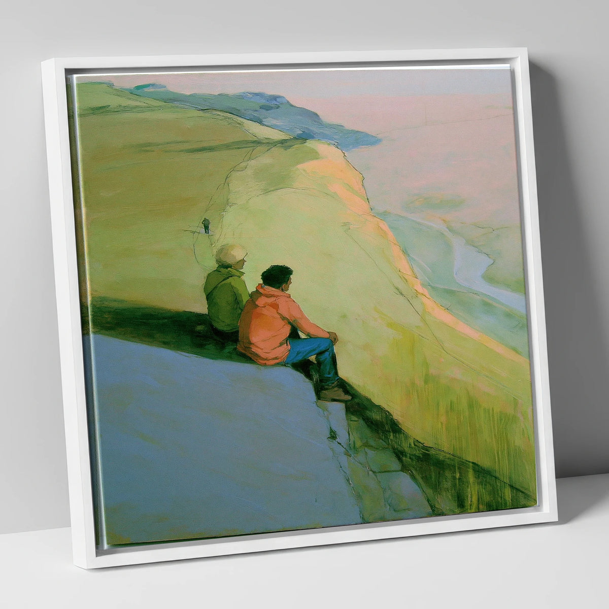 Fell Walkers Above the Valley lake district fell canvas wall art in white frame