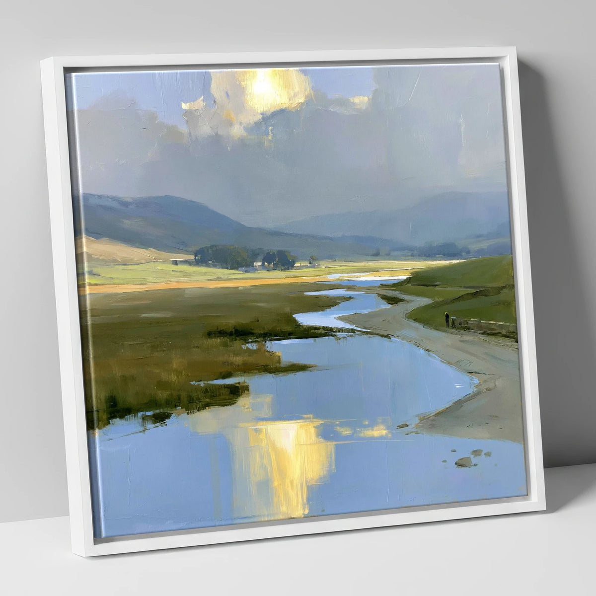 Winding River Below Rolling Fells lake district fell canvas wall art in white frame