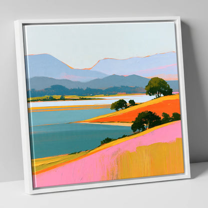 Vibrant Fells and Teal Lake lake district lake canvas wall art in white frame