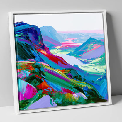 Vibrant Summit Valley View lake district fell canvas wall art in white frame