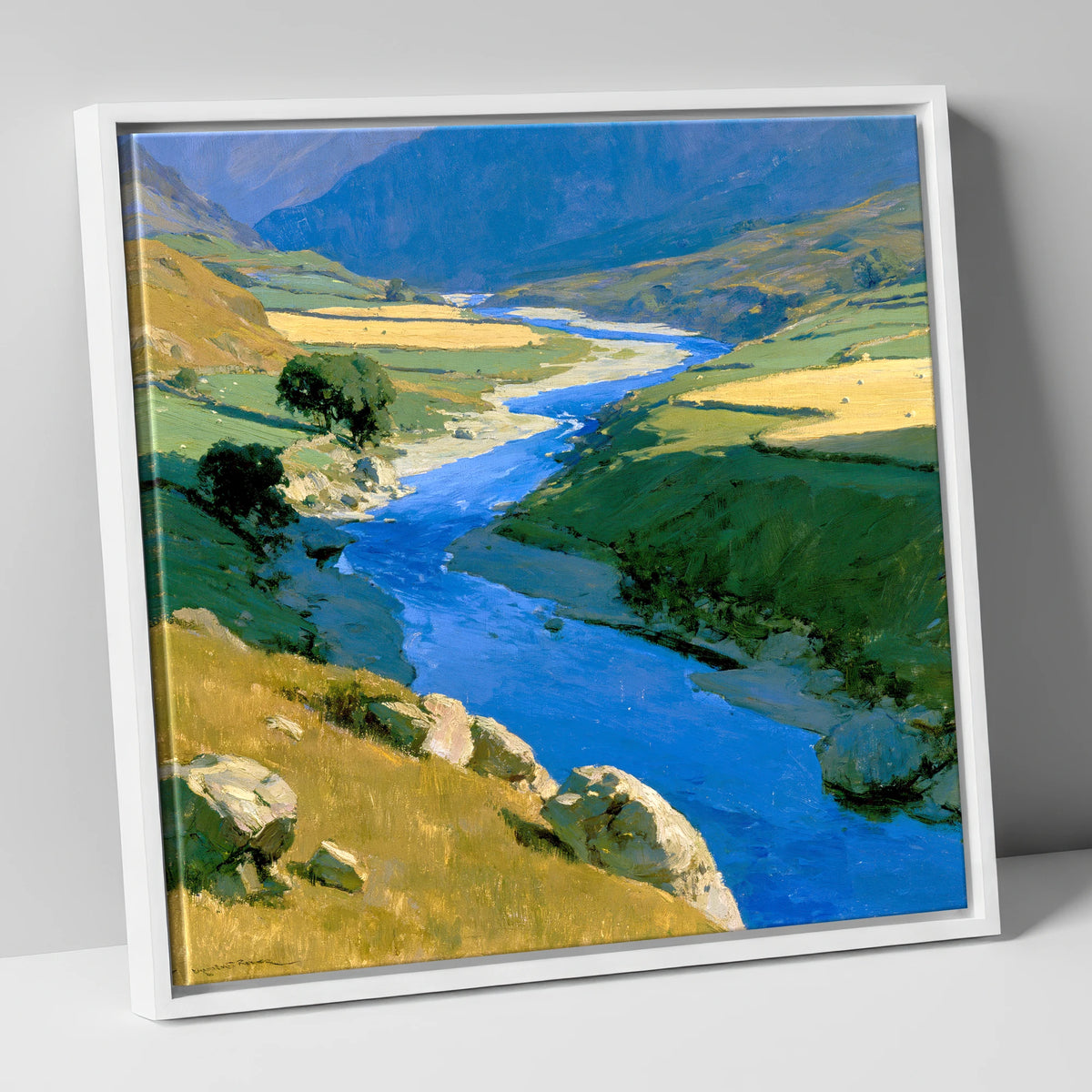 Winding Blue River Valley lake district waterfall canvas wall art in white frame