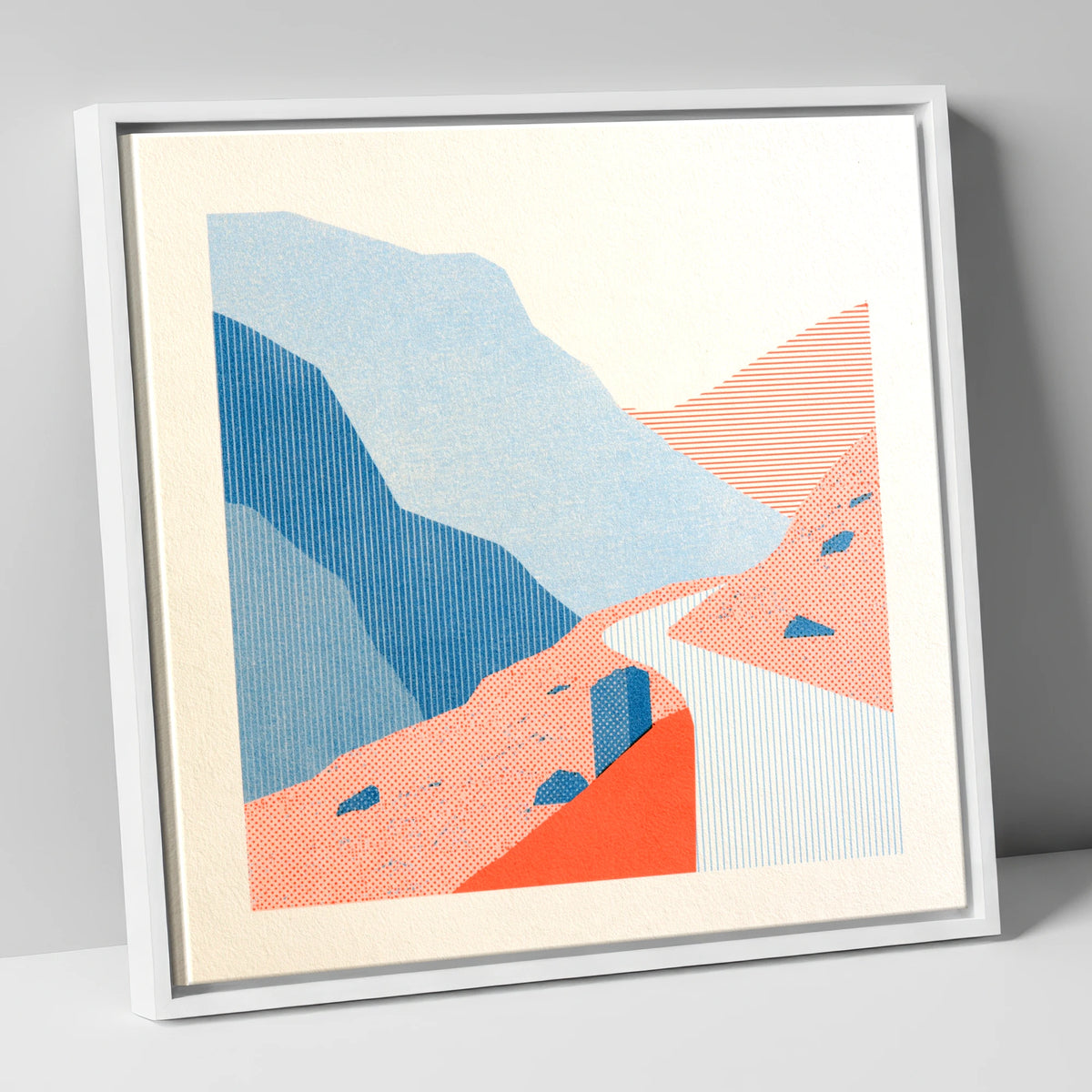 Hardknott Pass in Coral and Blue lake district valley canvas wall art in white frame