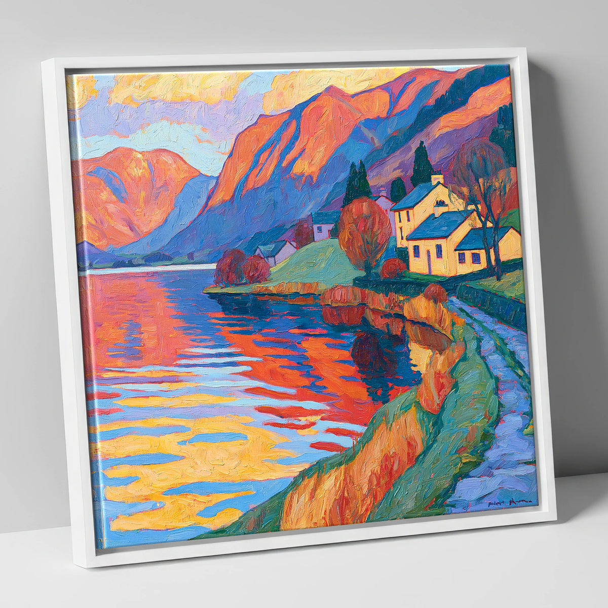 Golden Cottages on the Lakeshore lake district village canvas wall art in white frame