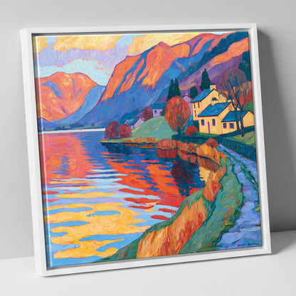 Golden Cottages on the Lakeshore lake district village canvas wall art in white frame