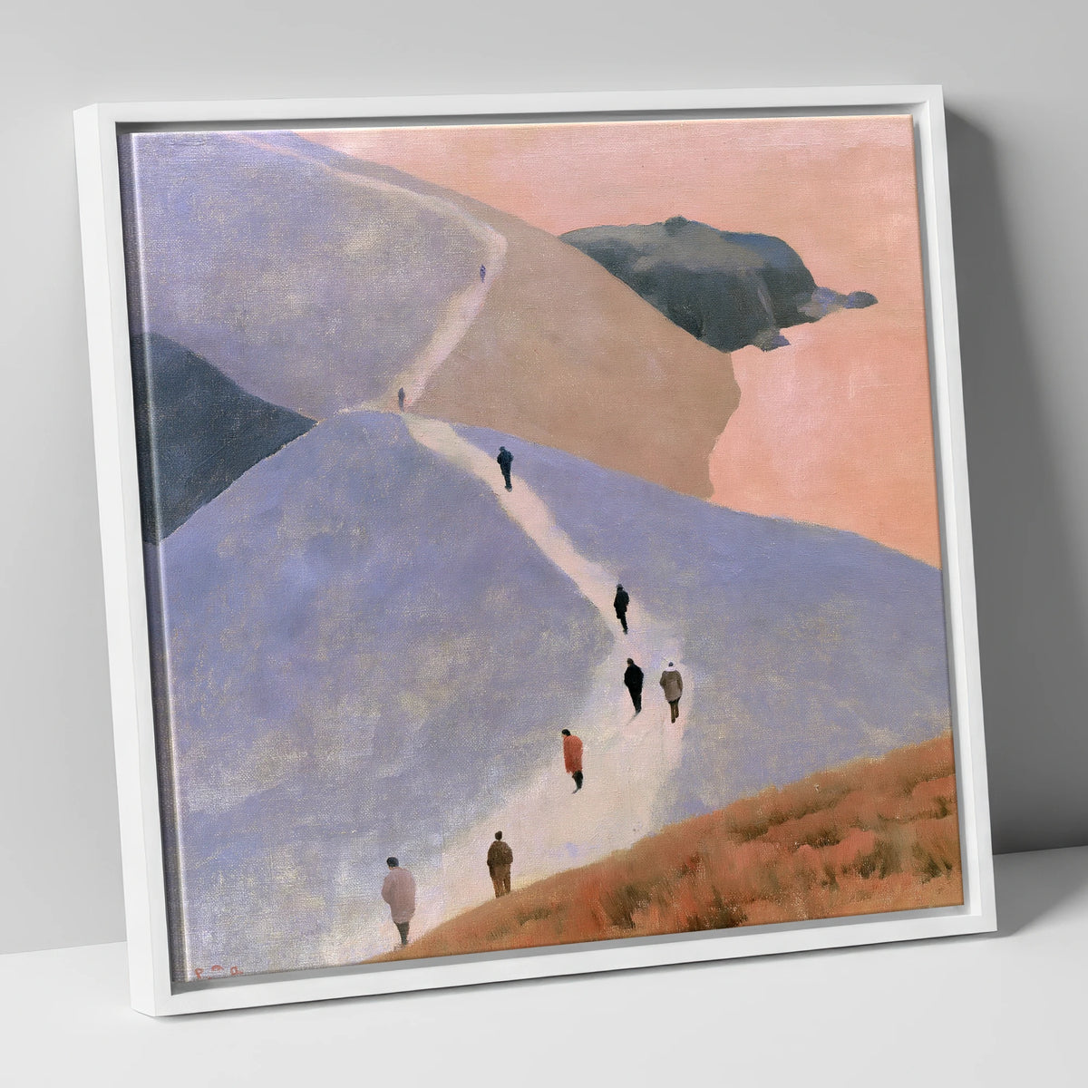 Walkers Ascending the Lavender Fells lake district walking canvas wall art in white frame