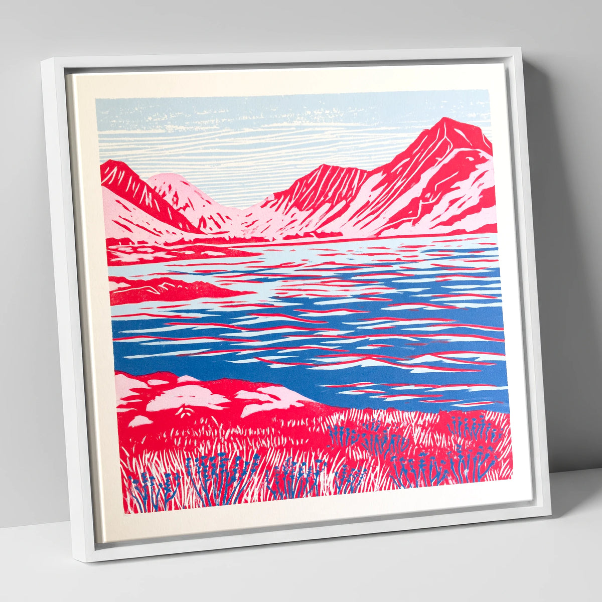 Vivid Red Ennerdale Fells lake district valley canvas wall art in white frame
