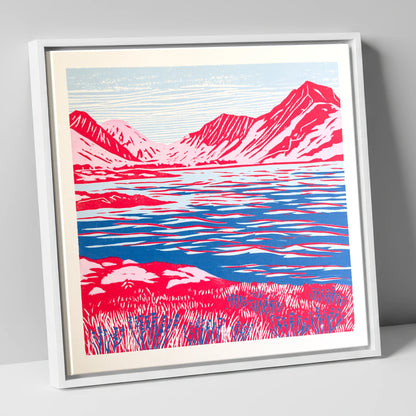 Vivid Red Ennerdale Fells lake district valley canvas wall art in white frame