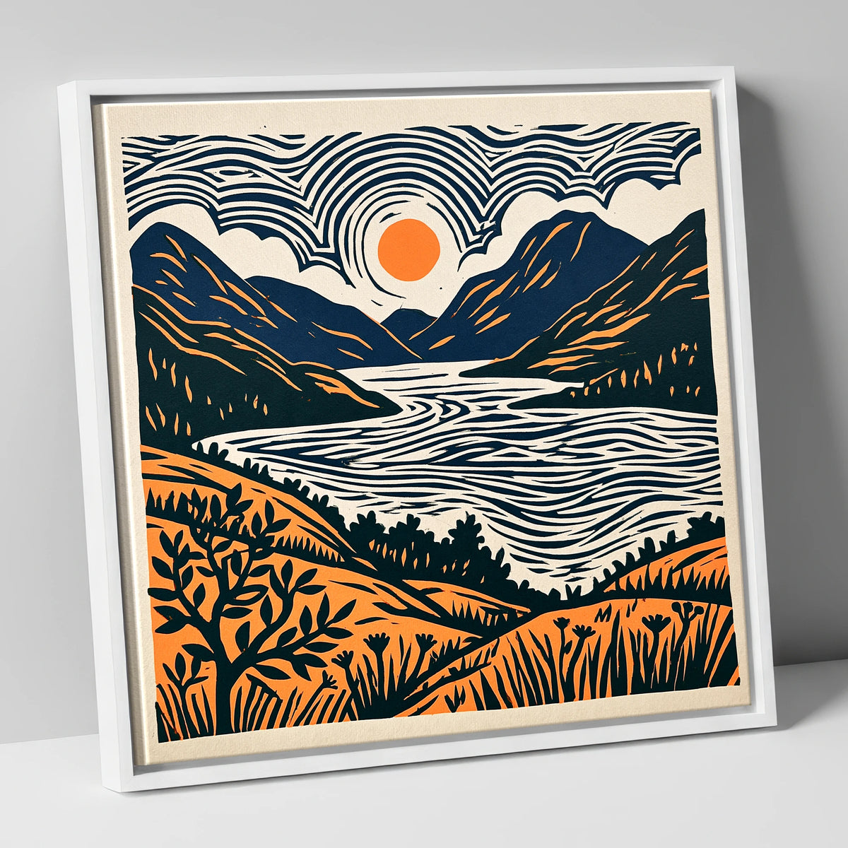Orange Sun Over Ennerdale Water lake district valley canvas wall art in white frame