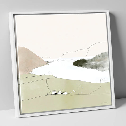 Loweswater Farm and Pale Fells lake district lake canvas wall art in white frame
