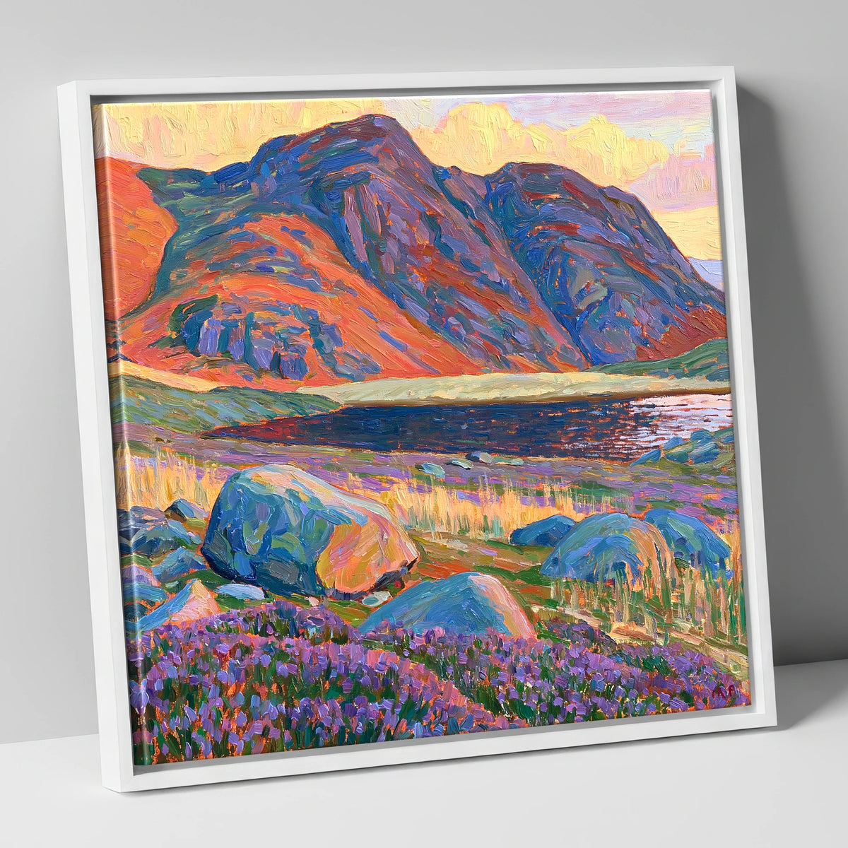 Haystacks in Fiery Light lake district fell canvas wall art in white frame