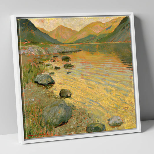 Golden Reflections on Wastwater lake district lake canvas wall art in white frame