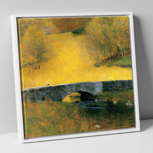 Golden Autumn Stone Bridge lake district waterfall canvas wall art in white frame