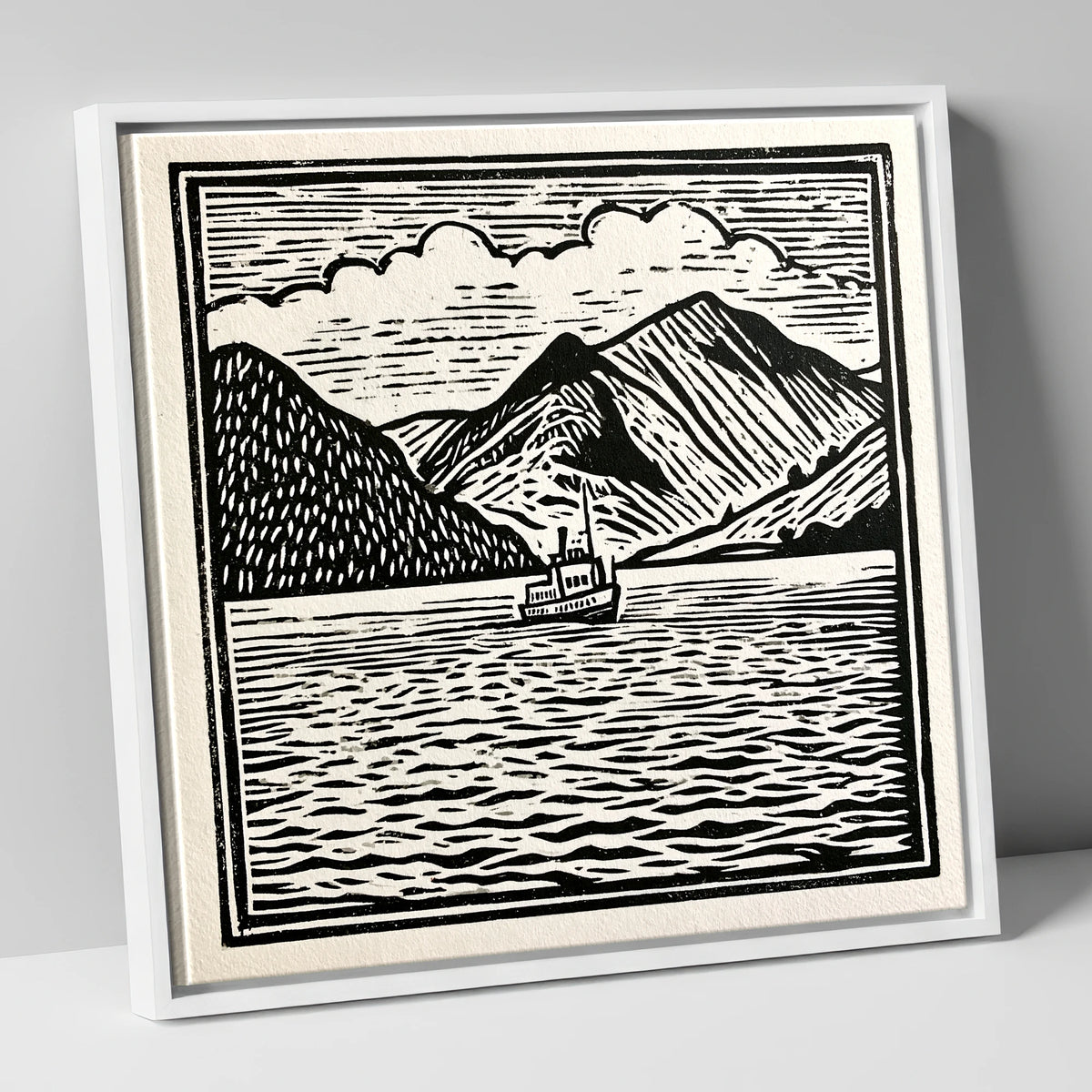 Bold Monochrome Ullswater Steamer lake district lake canvas wall art in white frame