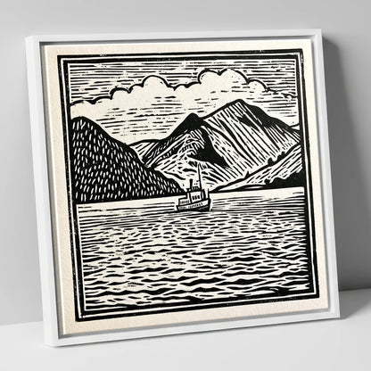 Bold Monochrome Ullswater Steamer lake district lake canvas wall art in white frame