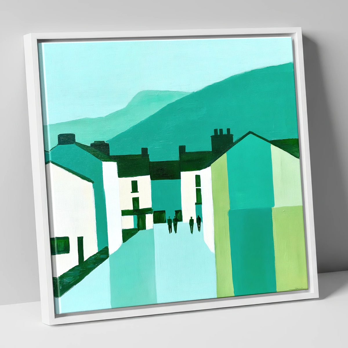 Teal Ambleside Street Scene lake district village canvas wall art in white frame