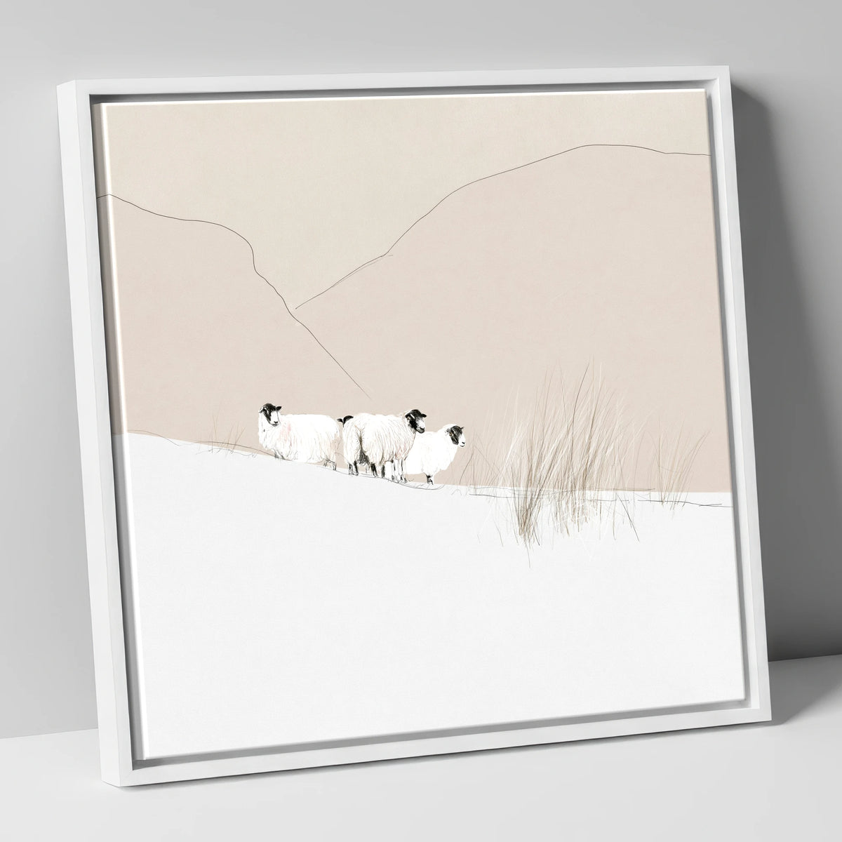 Herdwick Sheep on Minimalist Fell lake district wildlife canvas wall art in white frame