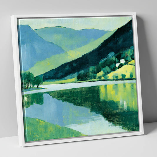 Emerald Fells and Teal Lake lake district lake canvas wall art in white frame