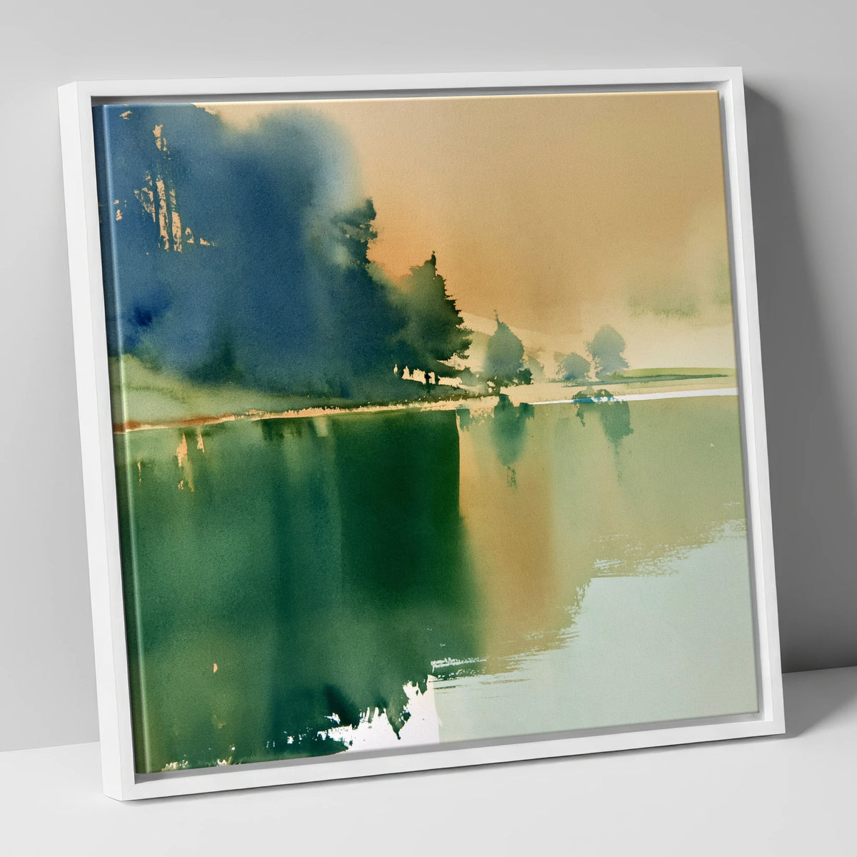 Calm Lake Reflections In Teal lake district lake canvas wall art in white frame