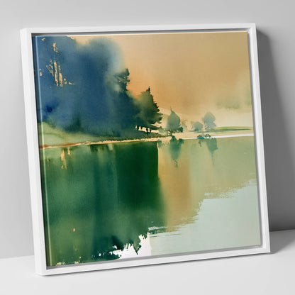 Calm Lake Reflections In Teal lake district lake canvas wall art in white frame