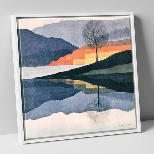 Lake Reflection in Indigo and Terracotta lake district lake canvas wall art in white frame