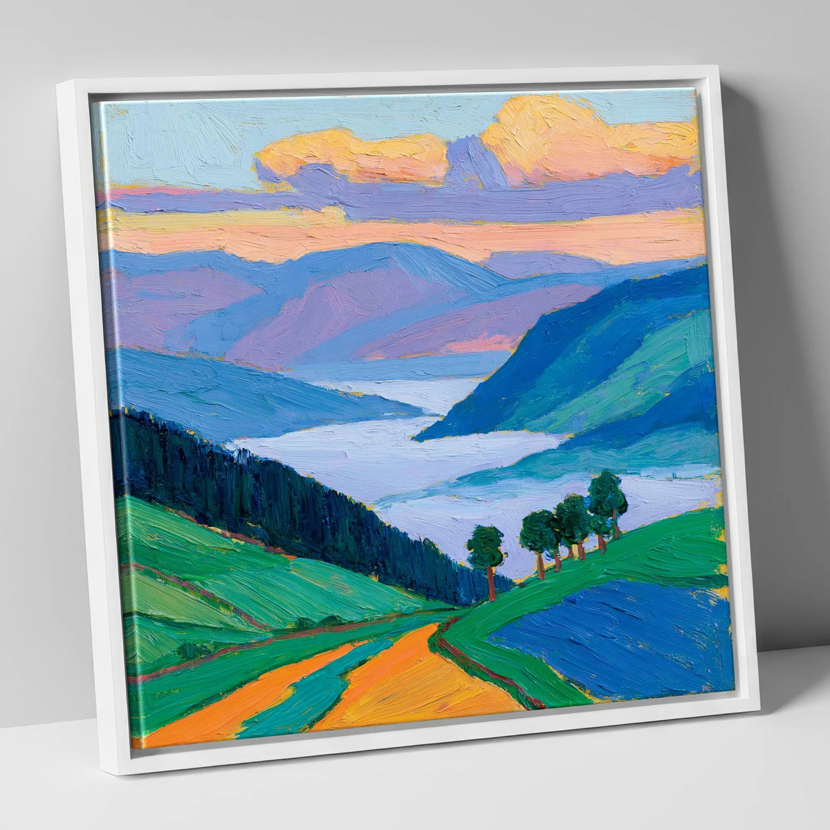 Morning Mist Over Vibrant Valley lake district sky canvas wall art in white frame