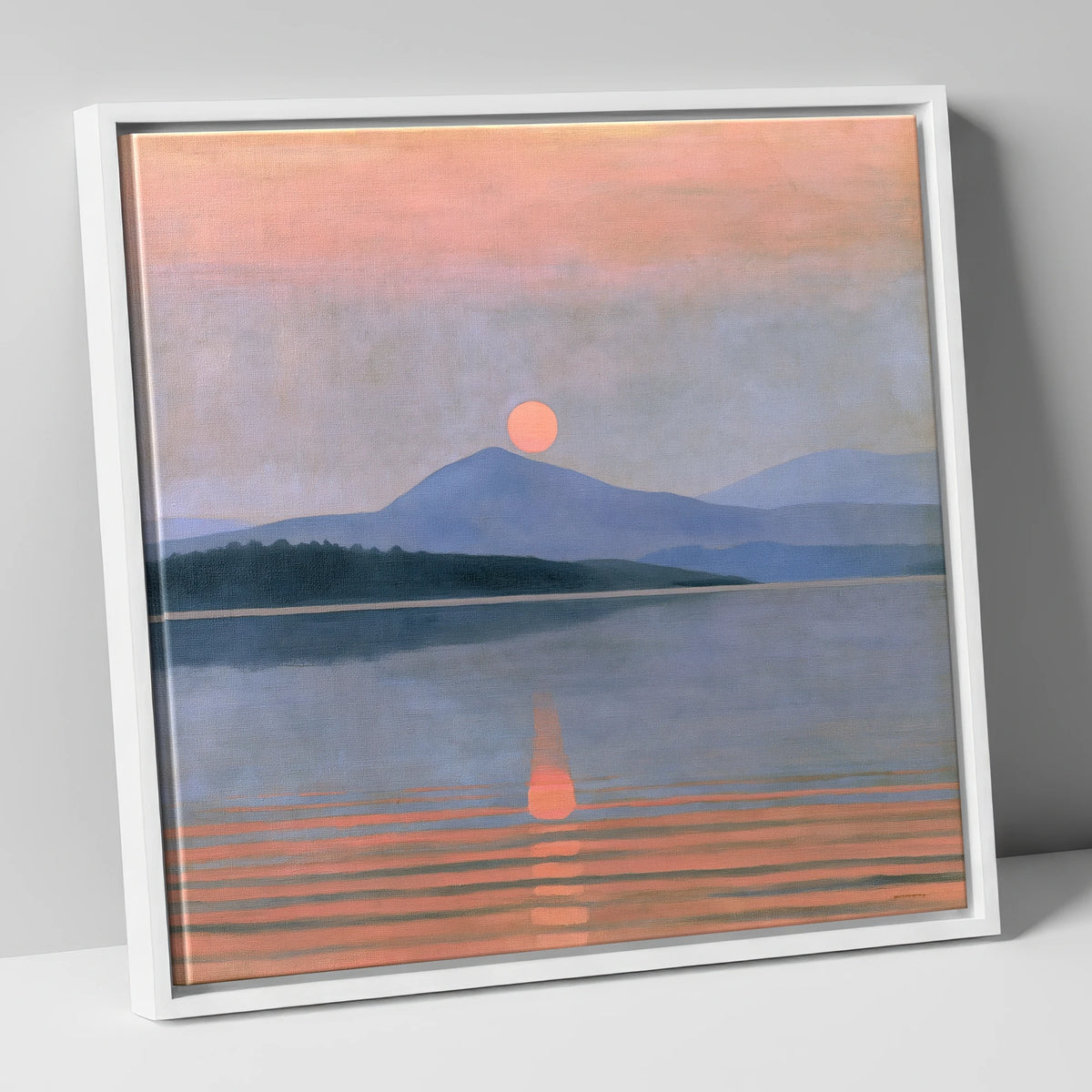 Peach Sunset Over the Water lake district lake canvas wall art in white frame