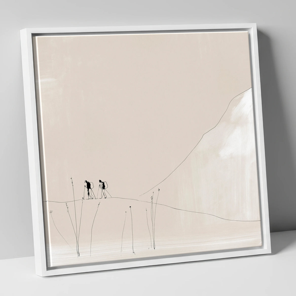 Walkers on a Minimalist Fell lake district walking canvas wall art in white frame