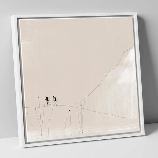 Walkers on a Minimalist Fell lake district walking canvas wall art in white frame