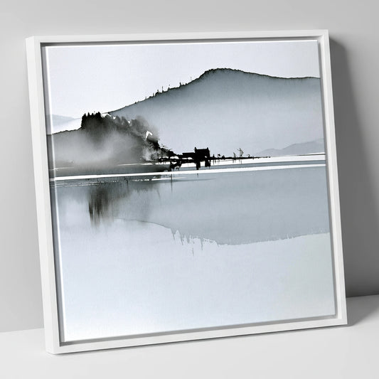 Monochrome Calm Lake Reflections lake district lake canvas wall art in white frame