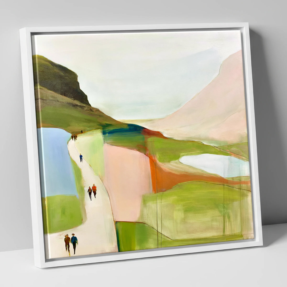 Walkers on a Bright Mountain Path lake district walking canvas wall art in white frame