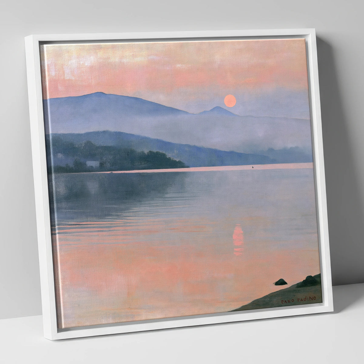 Lake Sunset in Pastel Haze lake district lake canvas wall art in white frame