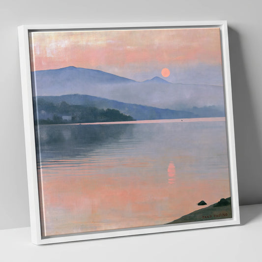 Lake Sunset in Pastel Haze lake district lake canvas wall art in white frame