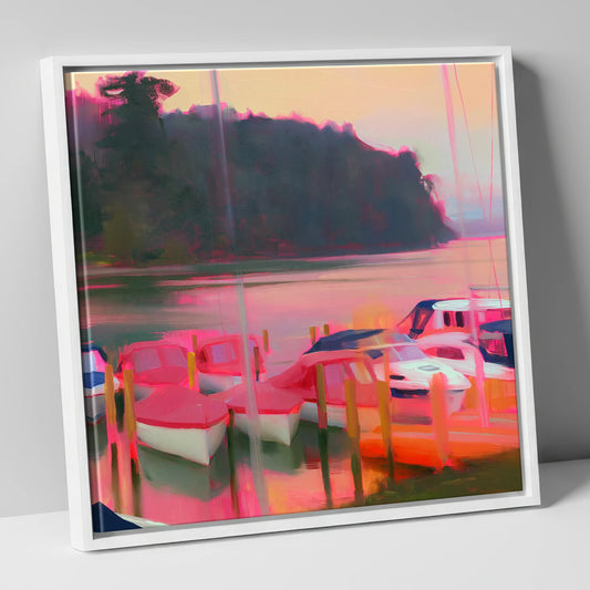 Neon Sunset Over Windermere Boats lake district lake canvas wall art in white frame