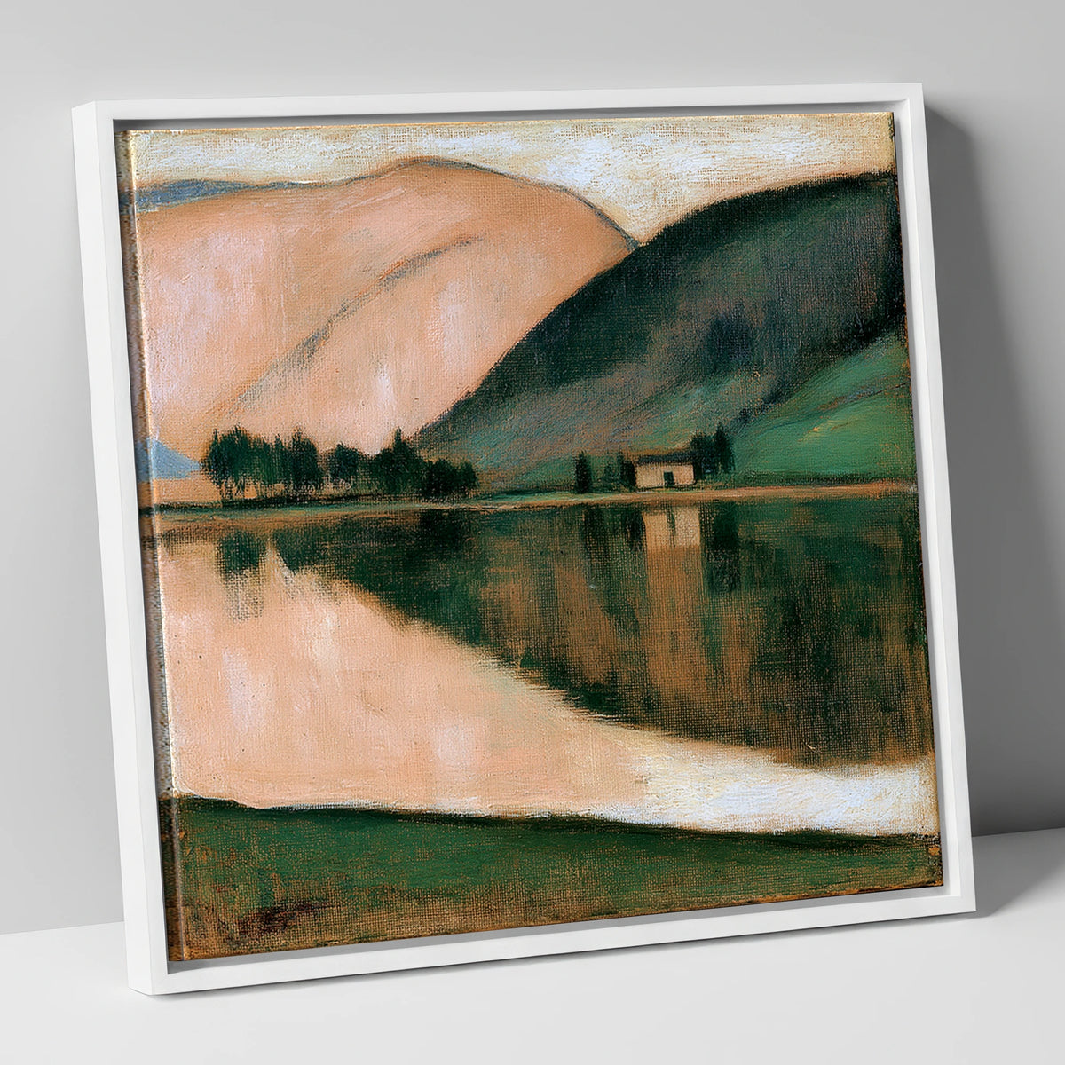 Calm Lake and Terracotta Fells lake district lake canvas wall art in white frame
