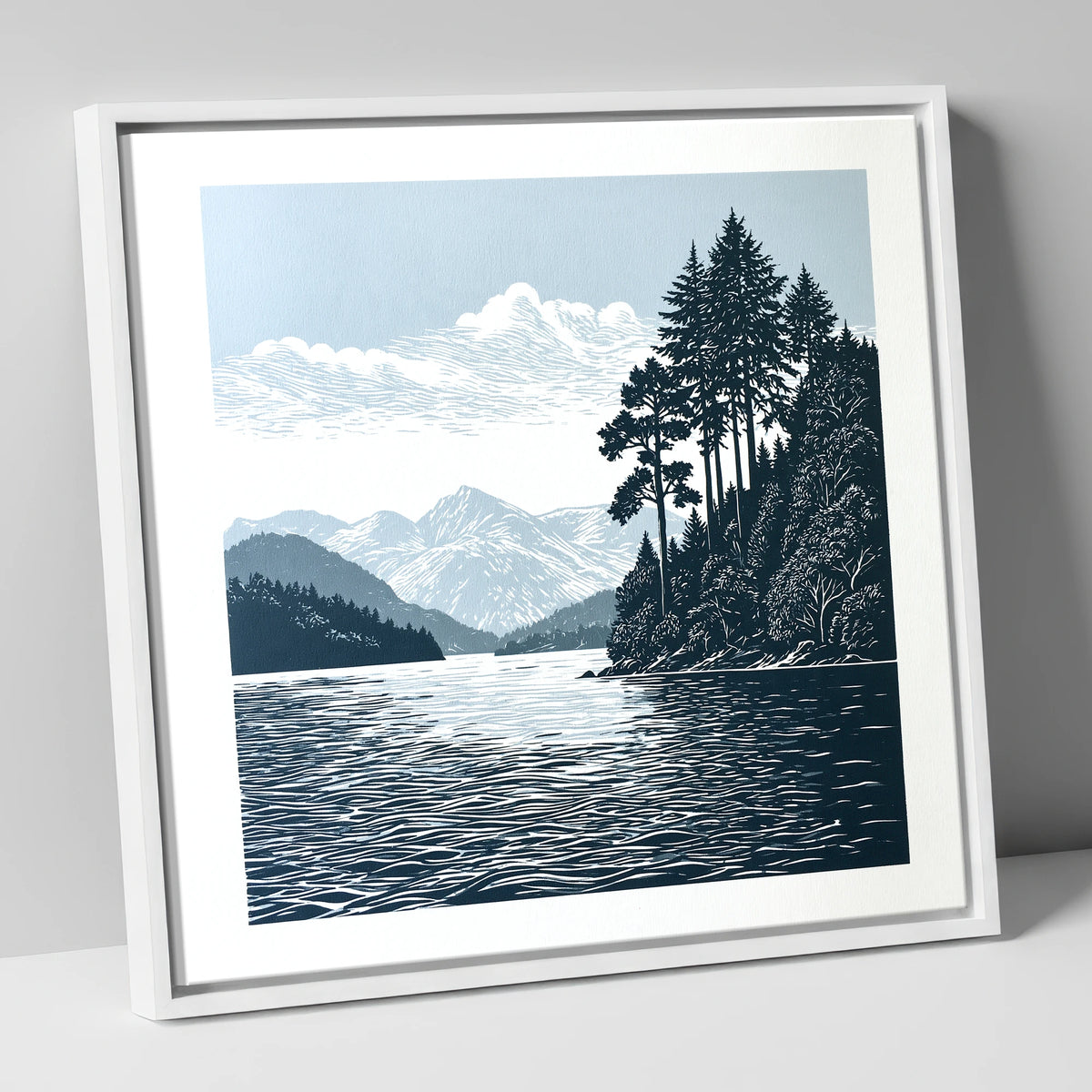Windermere Shoreline in Deep Navy lake district lake canvas wall art in white frame