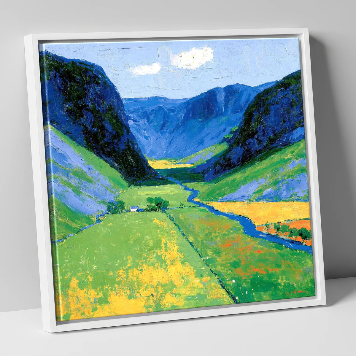 Vivid Valley Beneath Blue Fells lake district valley canvas wall art in white frame
