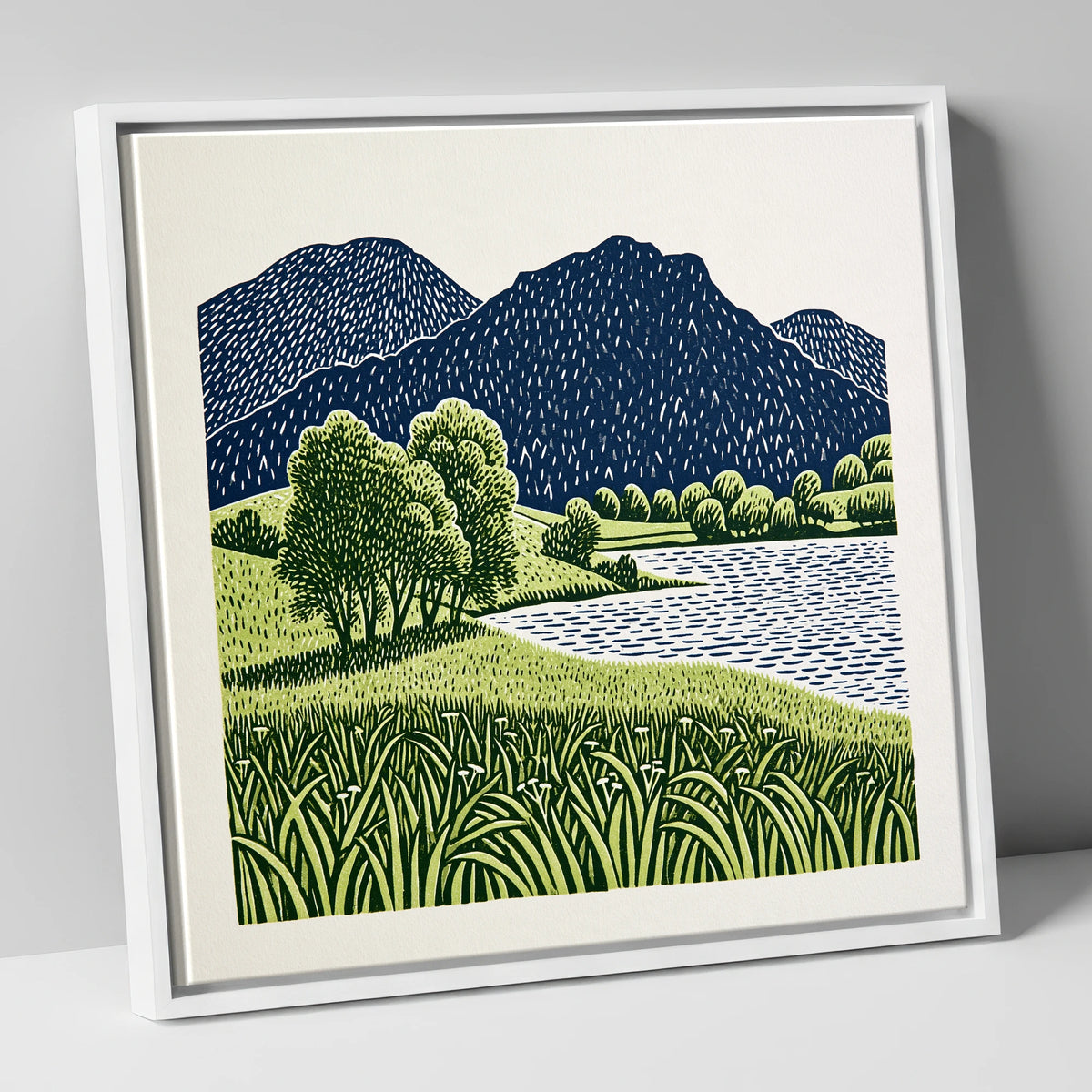 Grasmere Fells in Navy and Green lake district lake canvas wall art in white frame