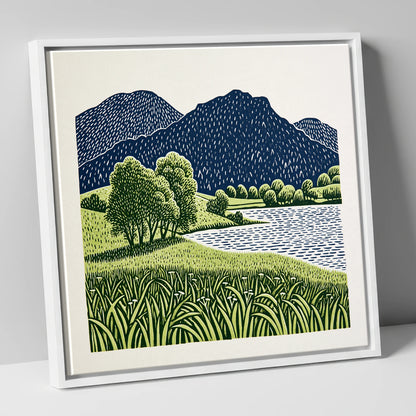 Grasmere Fells in Navy and Green lake district lake canvas wall art in white frame