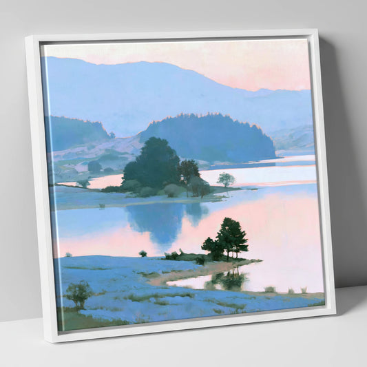 Lake Reflection in Pastel Pink lake district lake canvas wall art in white frame