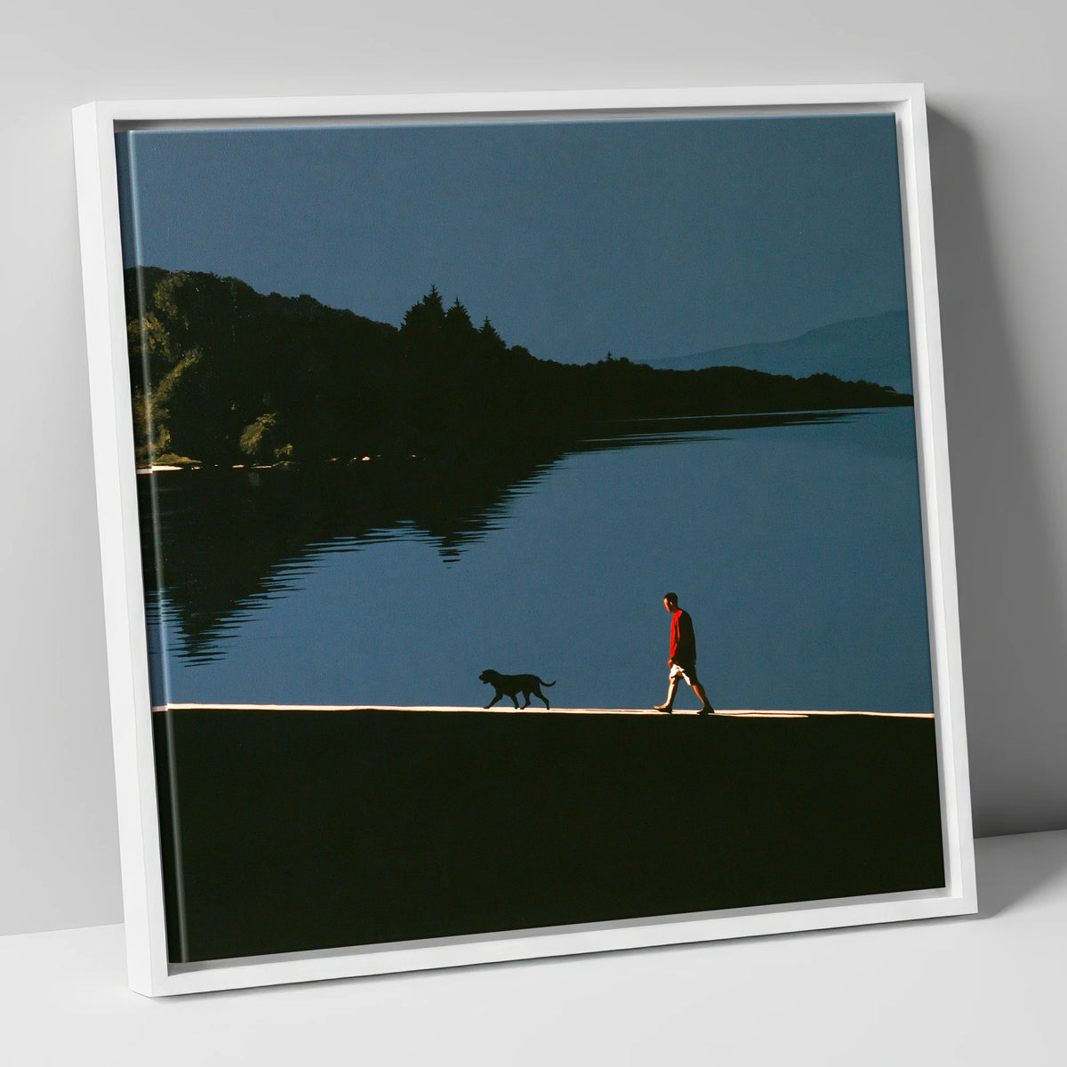Coniston Water Dog Walk Silhouette gifts for dog walkers canvas wall art in white frame