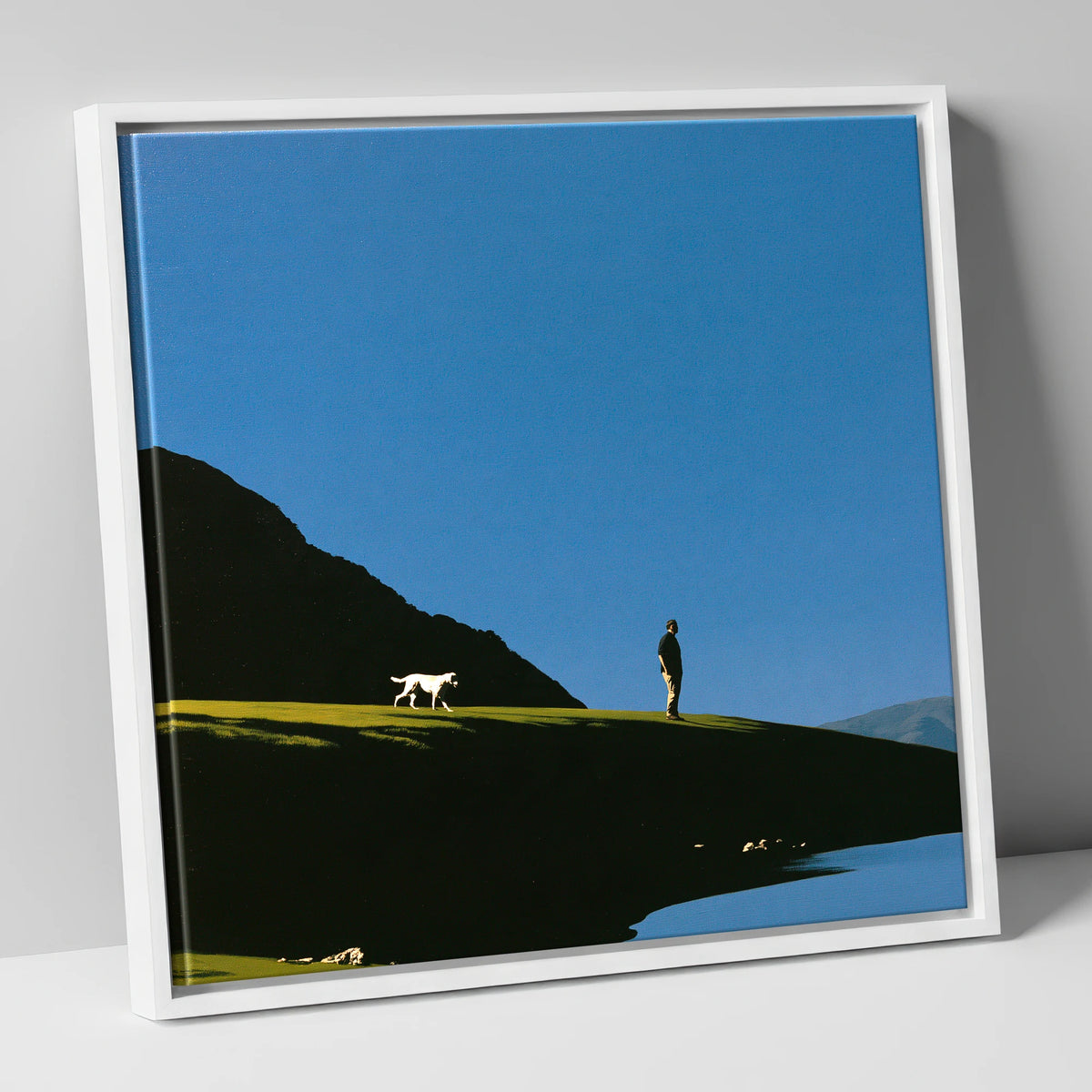 Silhouetted Glenridding Walker and Dog gifts for dog walkers canvas wall art in white frame