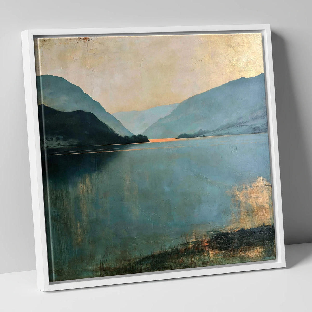 Ullswater Fells in Teal and Gold lake district lake canvas wall art in white frame