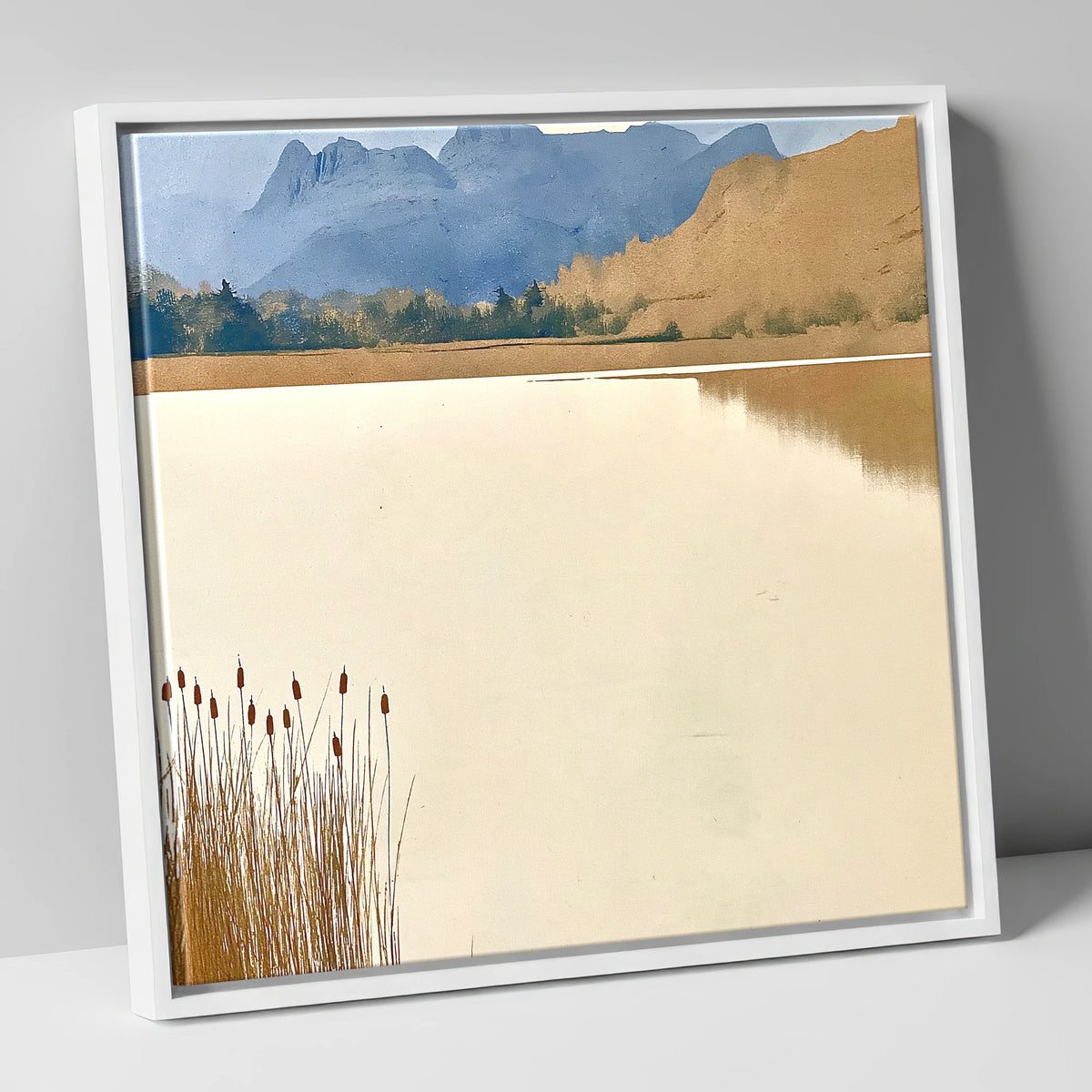 Elterwater Reeds and Slate Fells lake district lake canvas wall art in white frame