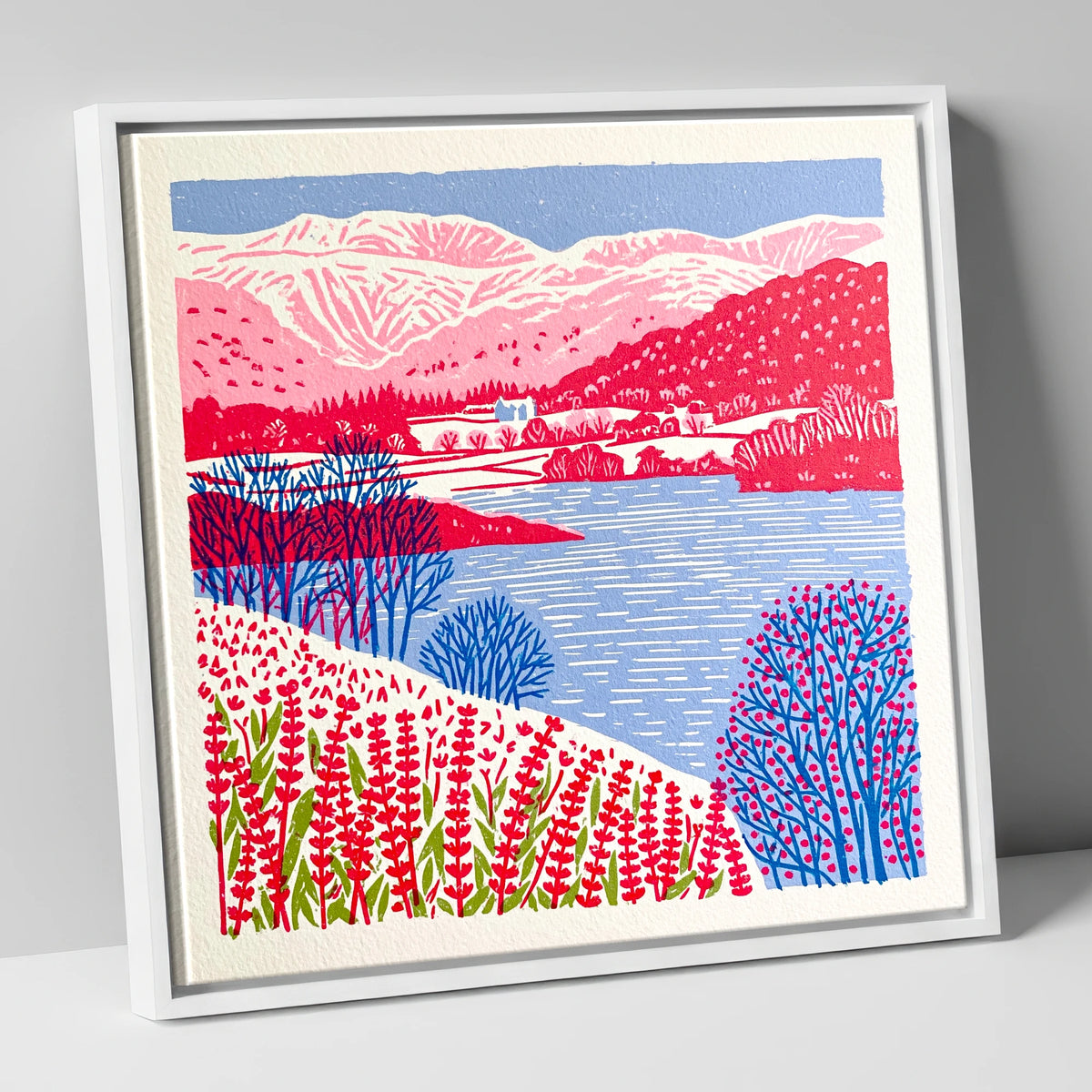 Vibrant Grasmere With Pink Fells lake district lake canvas wall art in white frame