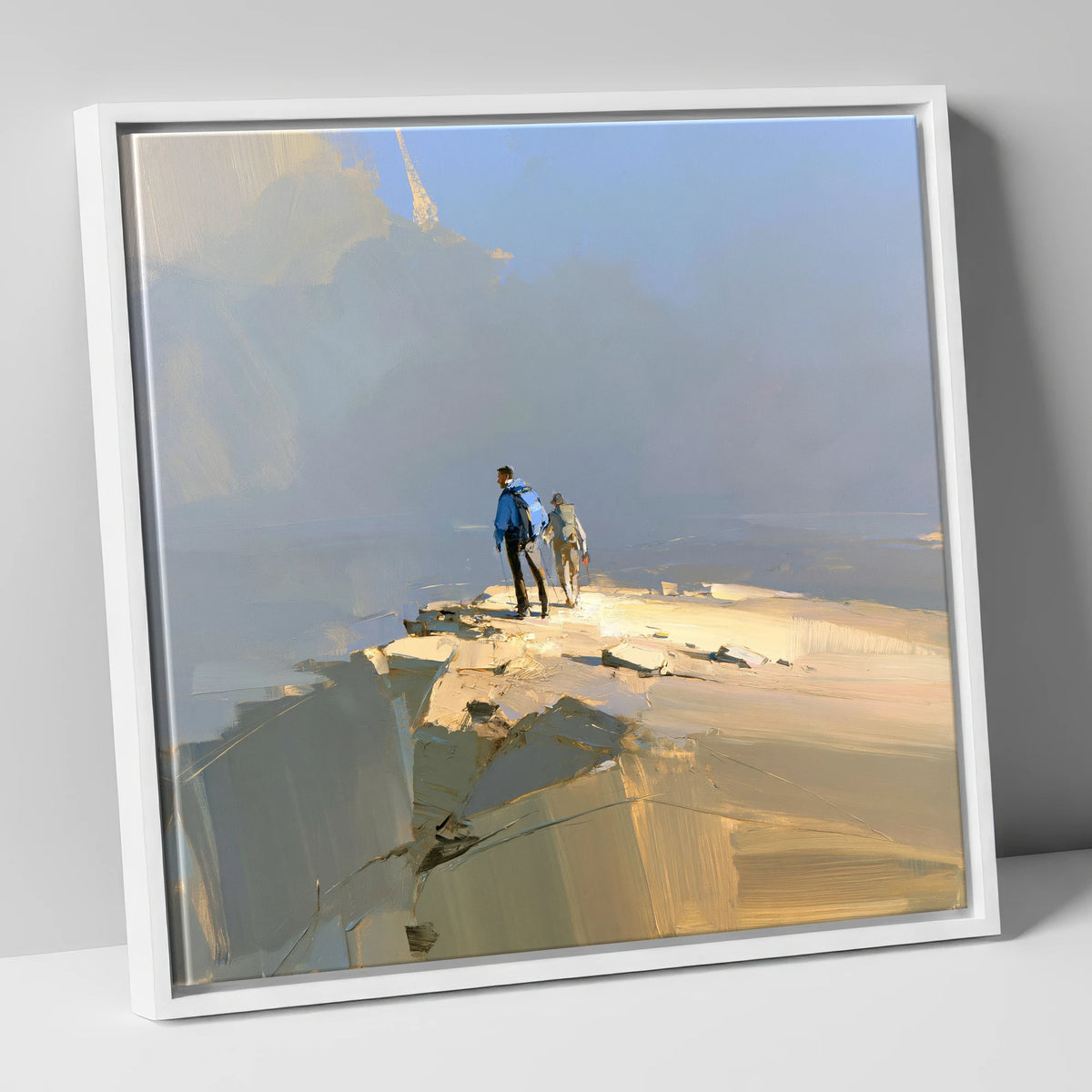 Hikers on Sunlit Fell Summit lake district fell canvas wall art in white frame
